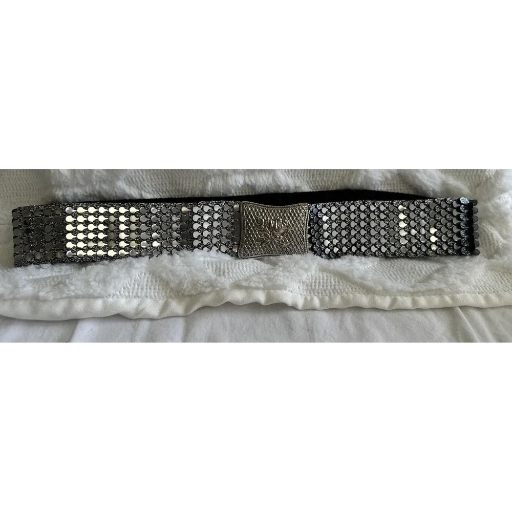 Vintage Metal Big Silver Tone Buckle Stretch Dress Blue Belt Scales Flower